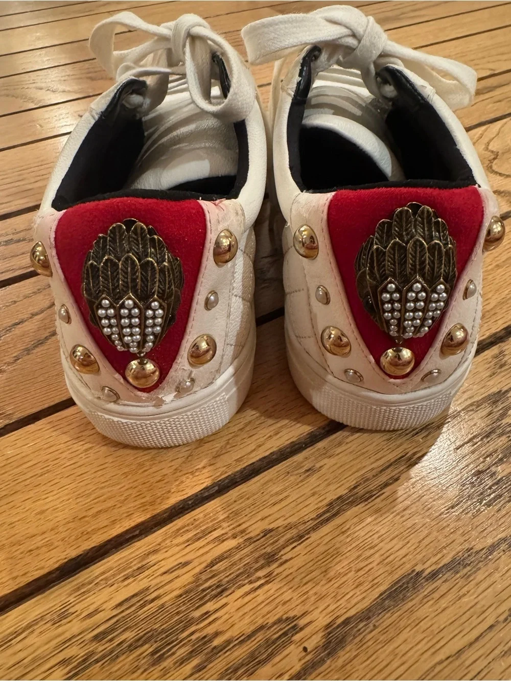 Kurt Geiger Quilted White Lace-Up Sneakers with Red Heel Tab